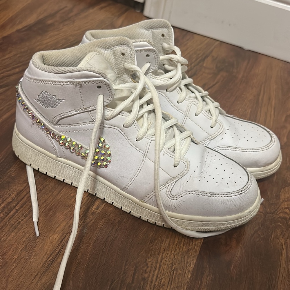 Nike Kids White Sneakers with Rhinestone Swoosh